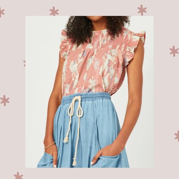 HAYDEN Sasha Pink Watercolor Smocked Top Ruffle Sleeves Large NEW - Picture 1 of 7